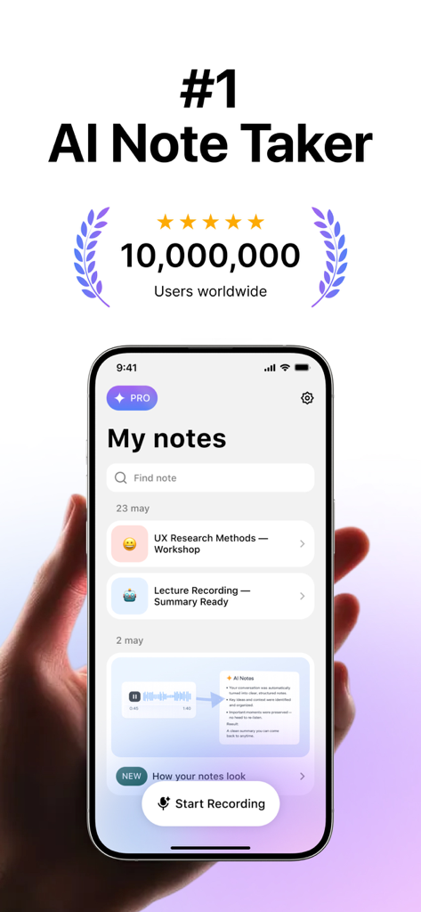 Notes AI app dashboard on iPhone showing recorded meeting notes and a start recording button