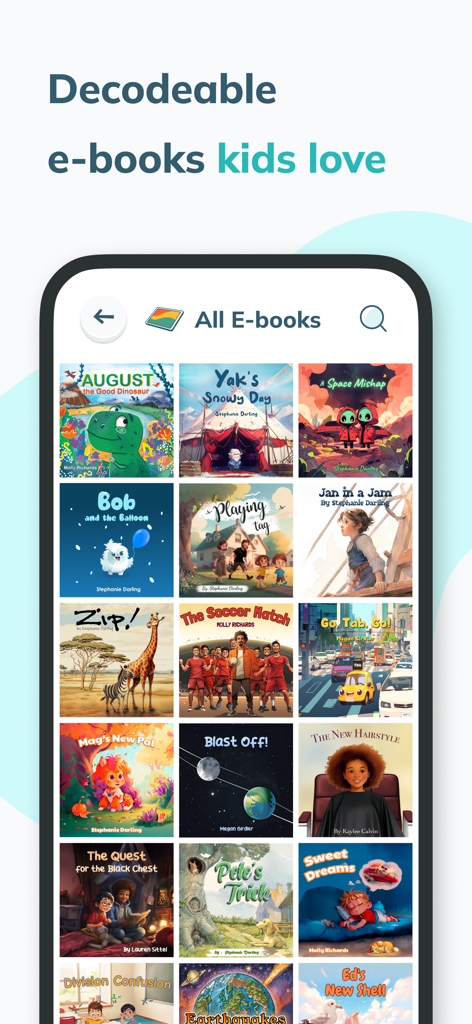 A library of colorful decodable e-books for children in the Read with Ello app