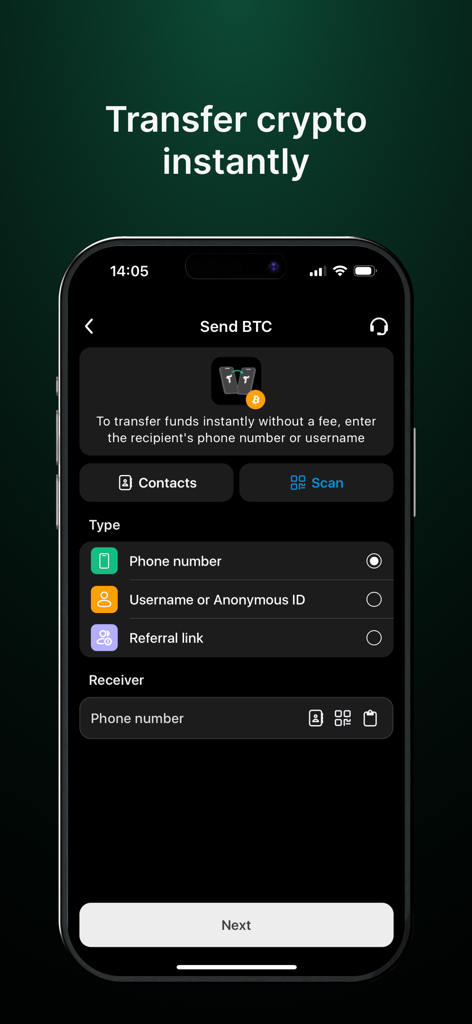 Trustee Plus | Wallet & Card - Trustee Plus mobile app interface for sending Bitcoin instantly using a phone number or username