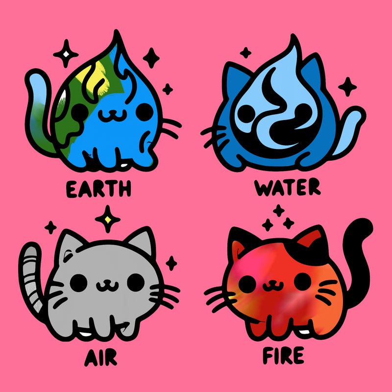 4 cats that represent the different elements, earth, water, air, and fire
