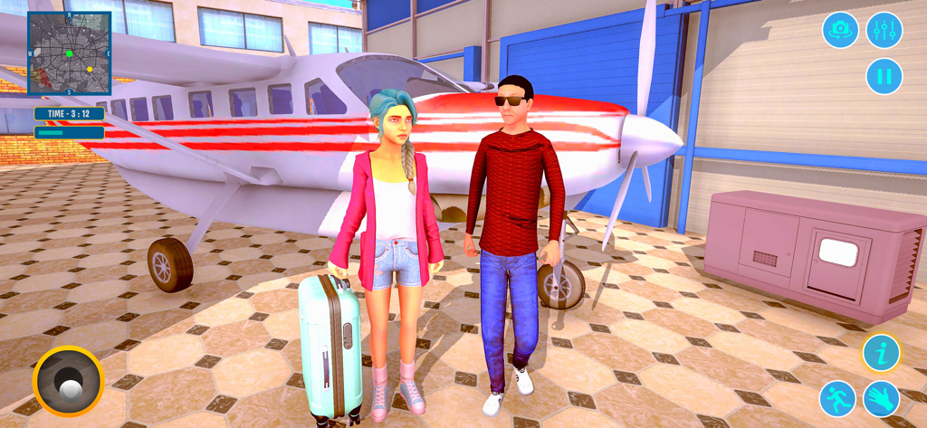 Viral YouTuber Life Simulator - Dos personajes del juego parados con una maleta frente a un avión privado representando un estilo de vida de YouTuber multimillonario.