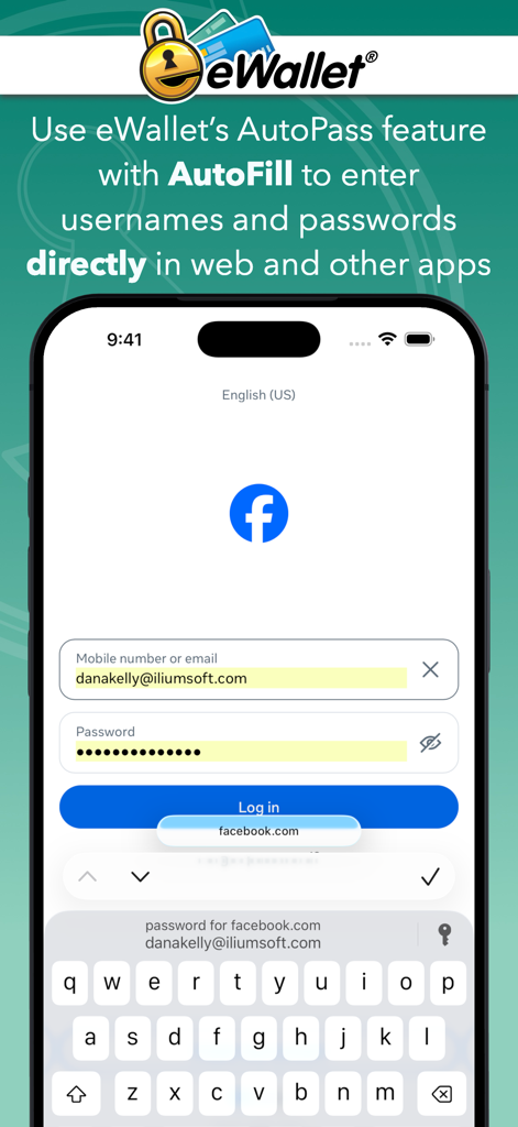 eWallet - Password Manager - Pantalla de iPhone mostrando la función de Autocompletar de eWallet introduciendo detalles de inicio de sesión en una aplicación móvil