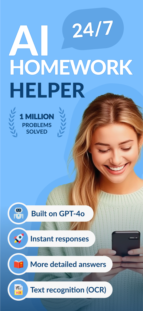 Pantalla de la aplicación Solver AI que muestra ayuda para la tarea 24/7 con GPT-4o y funciones de reconocimiento de texto OCR.