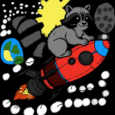 realistic raccoon flying on top rocket ship