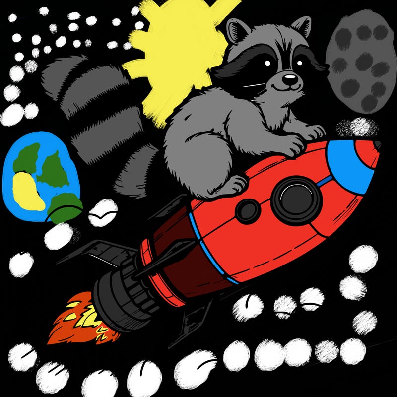 realistic raccoon flying on top rocket ship