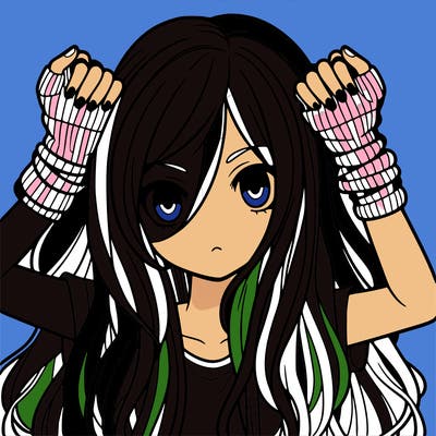 long haired girl with fingerless gloves