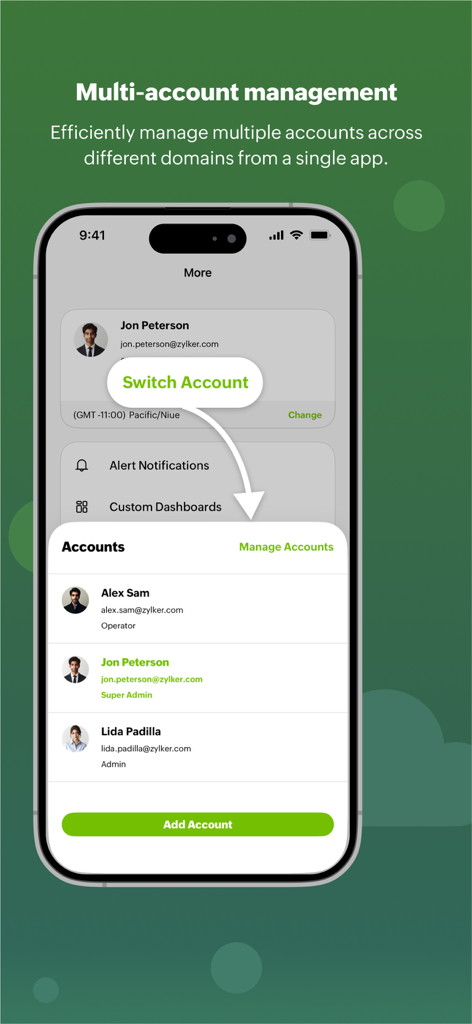 Site24x7 - Interfaz de la aplicación Site24x7 que muestra la gestión de múltiples cuentas y la función de cambio de cuenta para profesionales de TI.