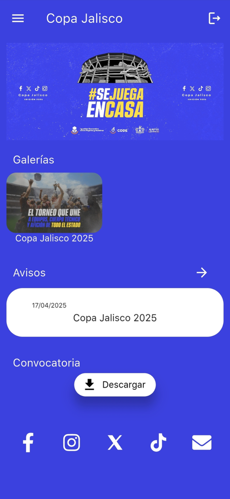 Copa Jalisco - Home screen of the Copa Jalisco mobile app showing tournament news and galleries