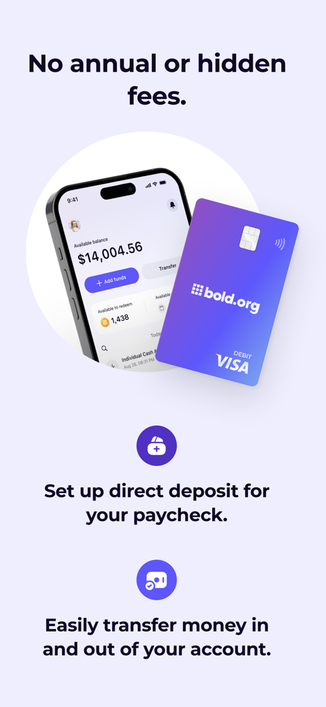 Bold.org - Bold.org app interface showing a purple Visa debit card and highlights for direct deposit and no hidden fees.