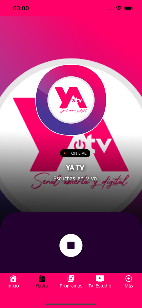 YATV - 페루 지역 TV용 라이브 스트림 플레이어를 보여주는 YATV 모바일 앱 인터페이스