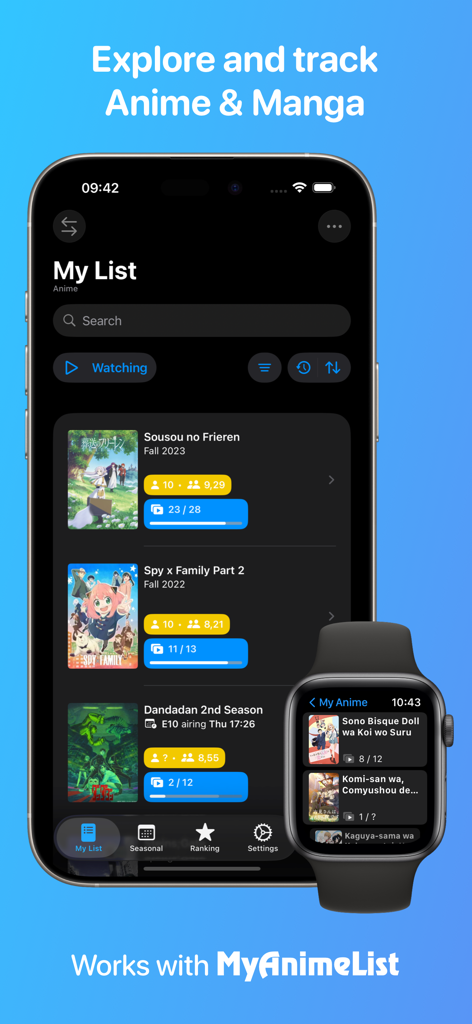ManGo - Anime & Manga Tracker - Aplicación ManGo mostrando Mi Lista para rastrear anime en iPhone y Apple Watch