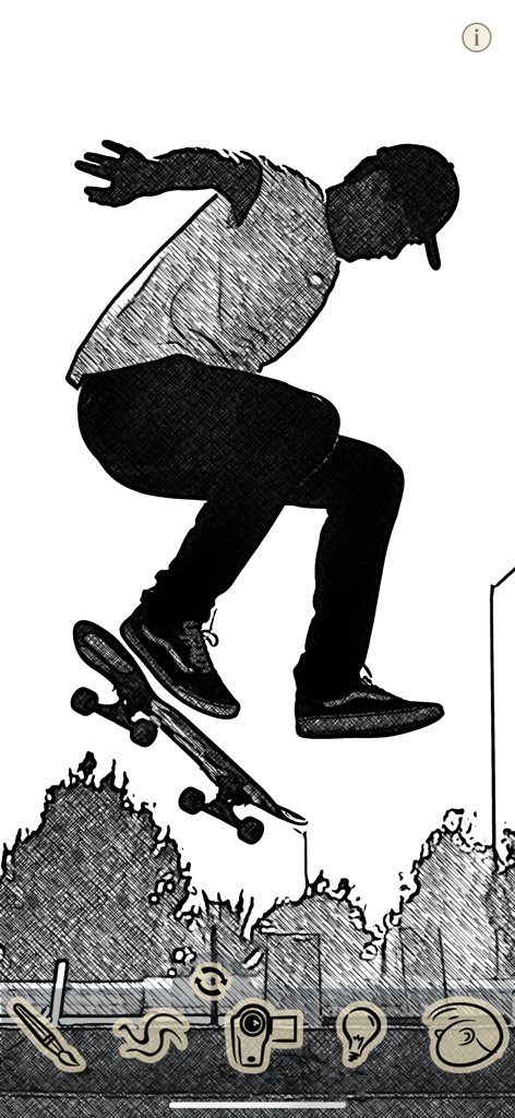ToonCamera - Skateboarder mid-air with a black and white pencil sketch filter in ToonCamera