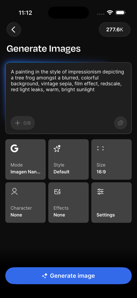 Freepik AI: Video Generator - Freepik AI mobile interface for generating images from text prompts with customizable settings