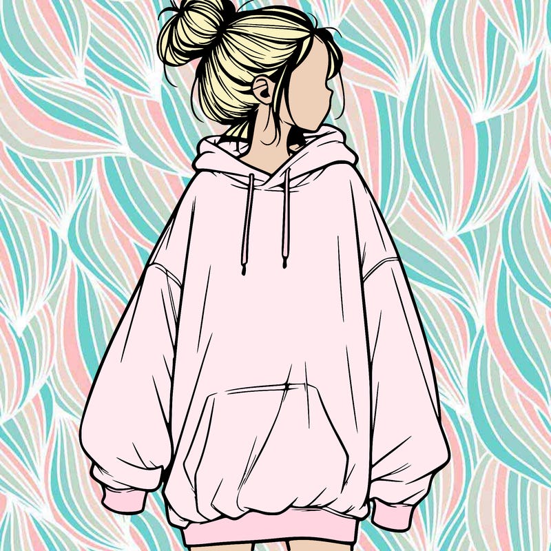 realistic girl with a oversized sweatshirt on and a bun