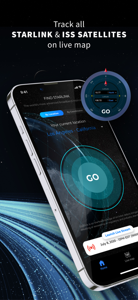 Staslink: Satellites Tracker - Interfaccia dell'app Staslink per tracciare i satelliti Starlink e ISS su una mappa live
