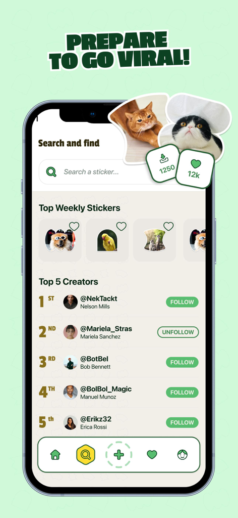 Écran de l'application WhatSticker affichant la fonctionnalité de recherche, les meilleurs autocollants hebdomadaires et un classement des meilleurs créateurs.