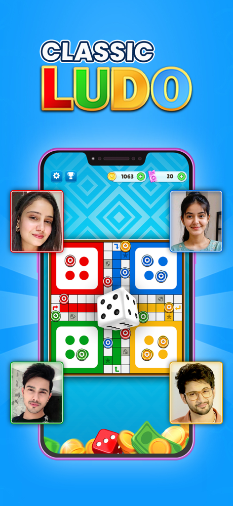Classic Ludo : Dice Board Game - Classic Ludo dice board game interface showing a multiplayer match with four player avatars