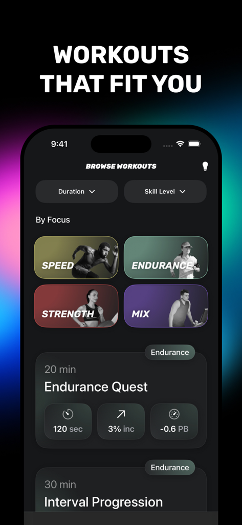 The browse workouts screen of the PushTraining app featuring workout categories by focus like speed and endurance.