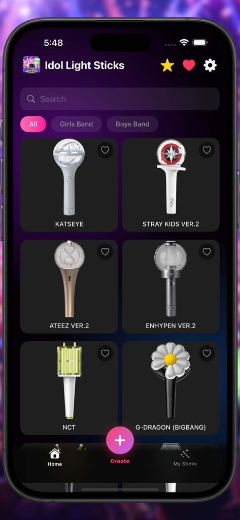 Idol Light Stick Kpop Creator - Oberfläche der Idol Light Stick Kpop Creator App, die eine Sammlung von virtuellen Leuchtstäben für verschiedene Kpop-Gruppen anzeigt
