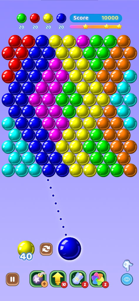Color Pop Bubble ™ - Interfaz de juego colorida del disparador de burbujas Color Pop Bubble mostrando un campo de burbujas y una línea de trayectoria de disparo
