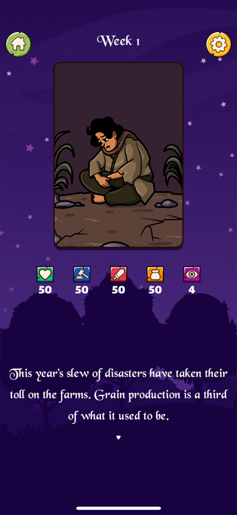 The Reeve - The Reeve game screen showing a narrative event about farm disasters and resource stats