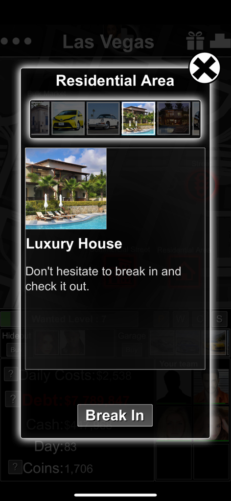 Crime Life Simulator -Text GTA - A pop-up menu in Crime Life Simulator showing a luxury house with an option to break in.