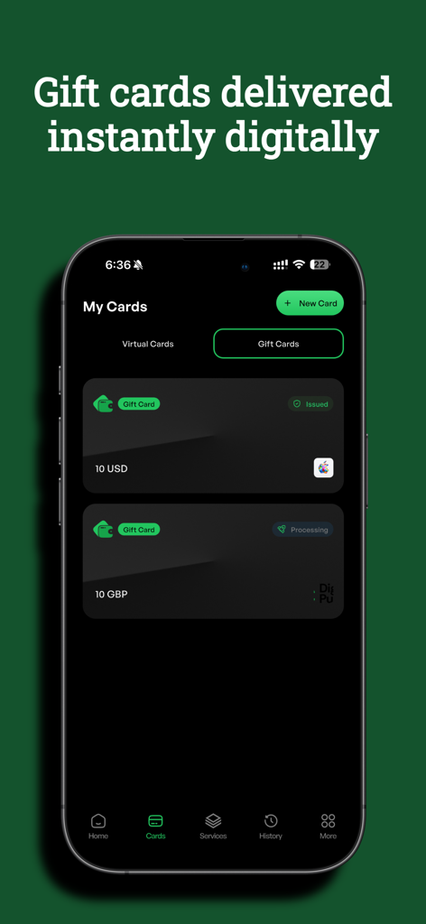 Digital Purse - Digital Purse app interface showing a list of purchased digital gift cards