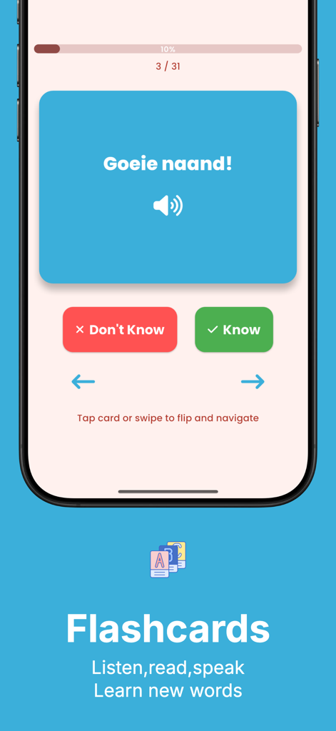 Learn Afrikaans Phrases - Flashcard interface in the Learn Afrikaans Phrases app showing the phrase Goeie naand with interactive buttons