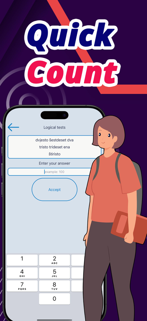 Interfaz de la aplicación de aprendizaje de idiomas eslovenos que muestra una prueba lógica de números con una ilustración de estudiante