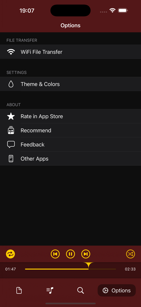 iMP3 app options screen showing WiFi file transfer and theme customization settings