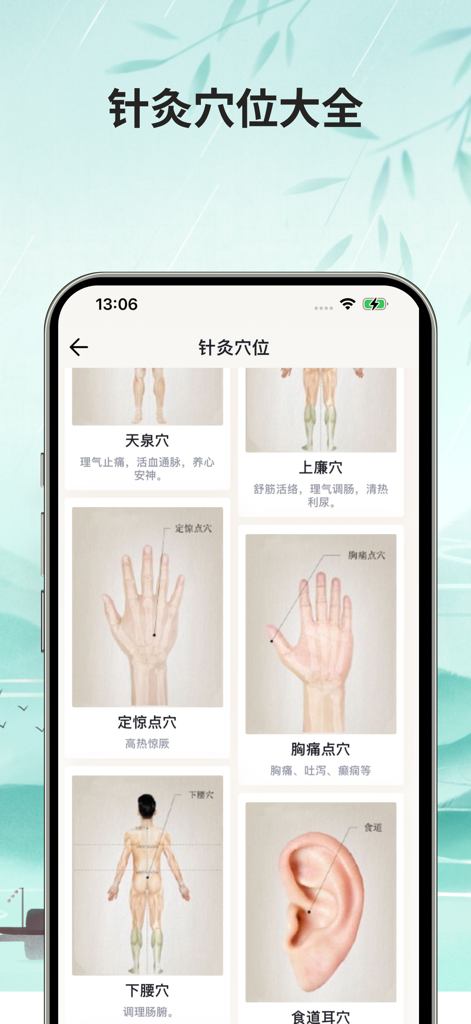 Acupuncture points reference screen in the Traditional Chinese Medicine app showing diagrams for various body parts