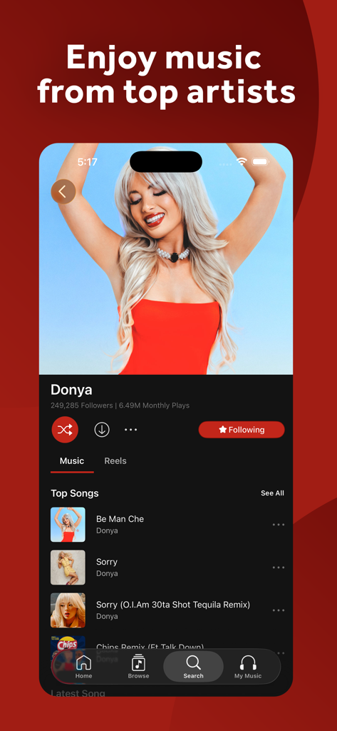 Radio Javan - Radio Javan mobile app screen showing the profile page of Persian artist Donya with her top songs and stats