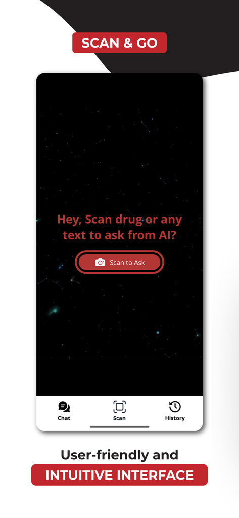 Pharma AI - ChatBot - Pharma AI app interface showing the scan to ask feature for medications