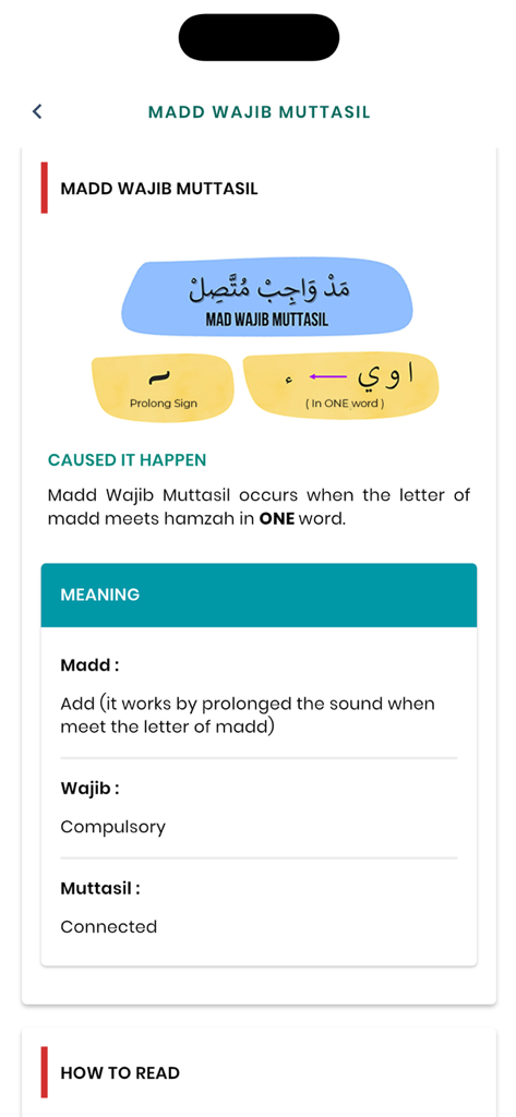 JomTajwid - Educational infographic in JomTajwid app explaining the rules and meaning of Madd Wajib Muttasil