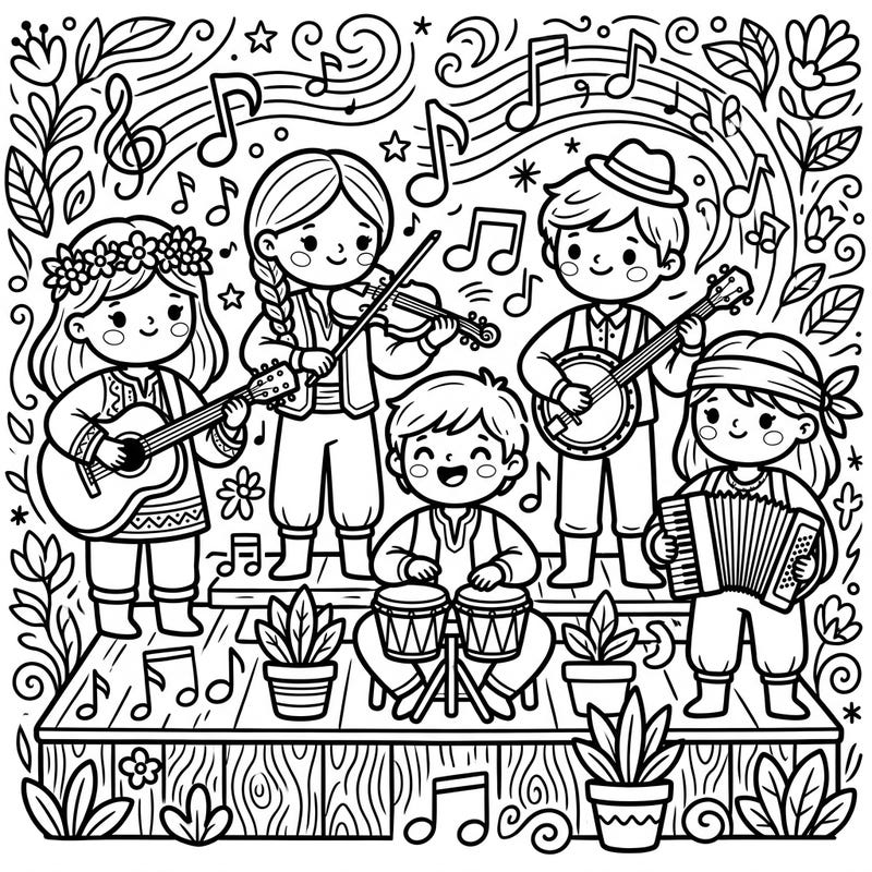 Immerse yourself in the sweet sounds of folk music with this adorable Kawaii coloring page. Featuring a band of cute musicians playing various instruments, it's perfect for all ages to enjoy creative expression.