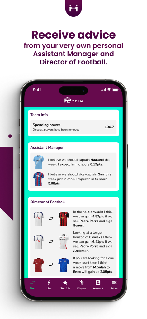 FPL Team app screen showing personalized assistant manager advice and director of football transfer suggestions
