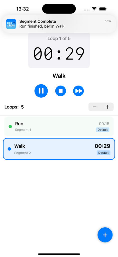 HIIT & Run Interval Timer - HIIT and Run app showing an active workout timer and segment notification.