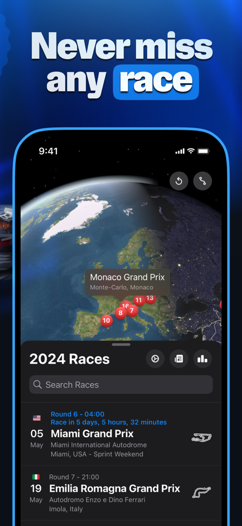 Race Widgets for F1 - Race Widgets app showing the 2024 F1 race schedule and global circuit map