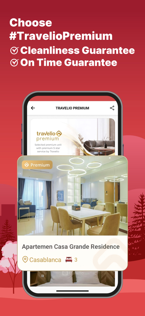 Capture d'écran de l'application Travelio présentant une liste d'appartements premium avec des garanties de propreté et de ponctualité