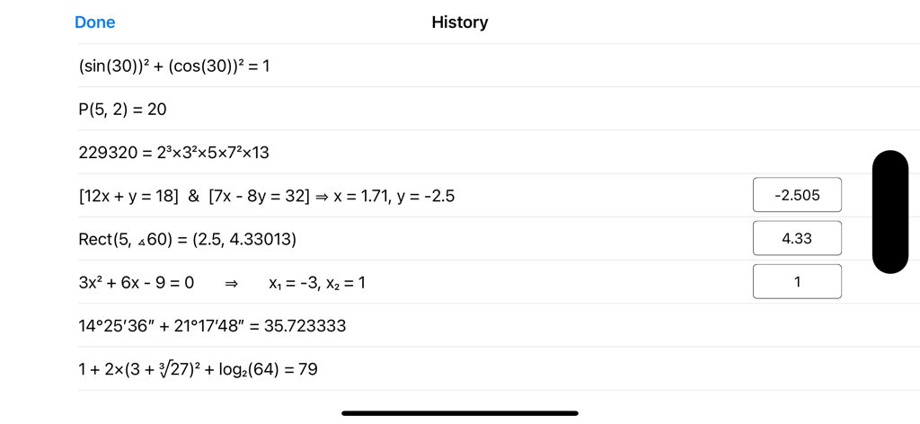 Statistics Calculator++ - Display of previous math calculations and equation solutions in the history view