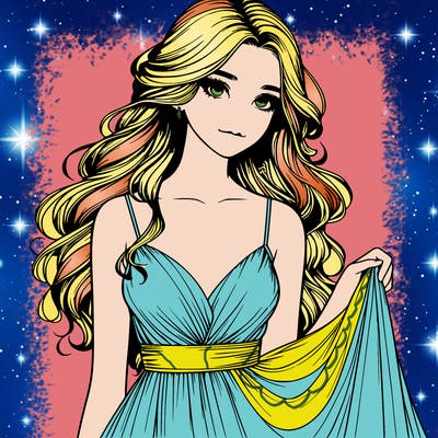 realistic girl in flowy silky prom dress