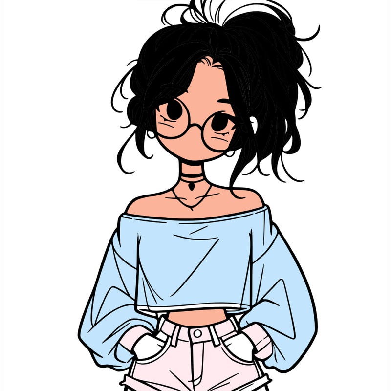 girl with a messy ponytail glasses a baggy crop top and jean shorts