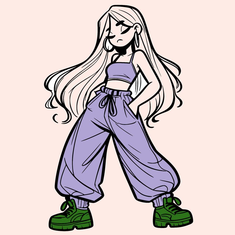 girl in baggy pants crop top and long hair
