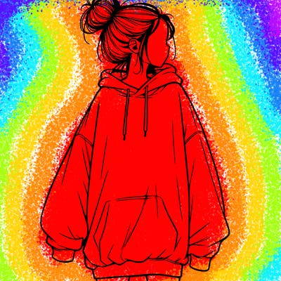 realistic girl with a oversized sweatshirt on and a bun
