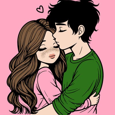 a realistic couple boy and girl hugging and kissing