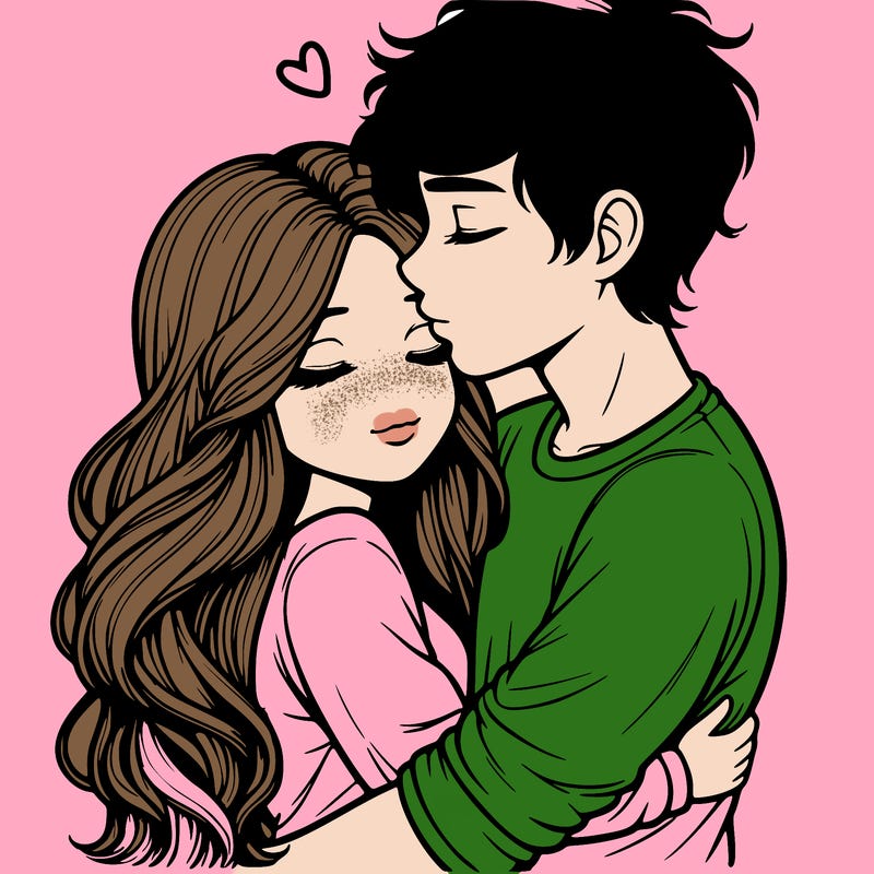 a realistic couple boy and girl hugging and kissing