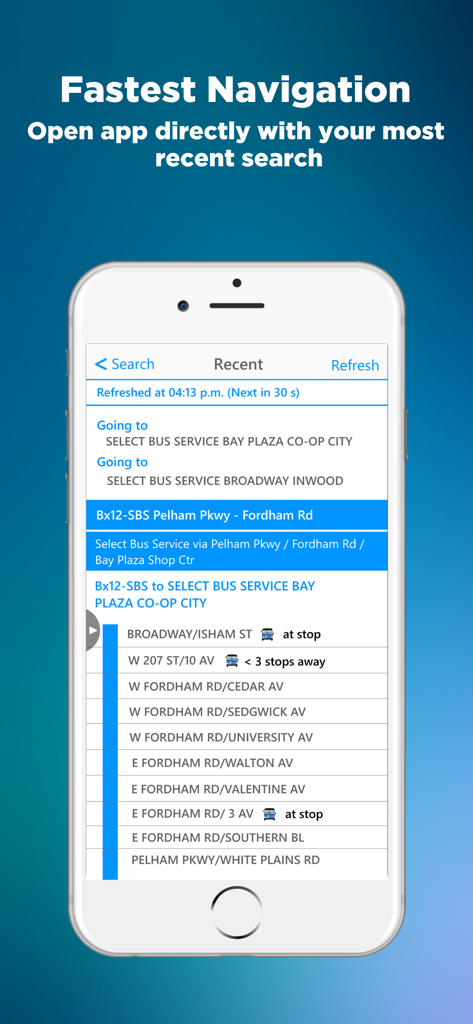 NYC Bus Time App (MTA) - NYC Bus Time app interface showing real-time bus arrivals and recent search navigation