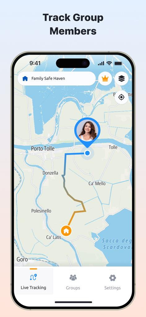 Una interfaz móvil de la aplicación Rastreador de Teléfonos que muestra la ubicación y ruta en vivo de un miembro de la familia en un mapa.
