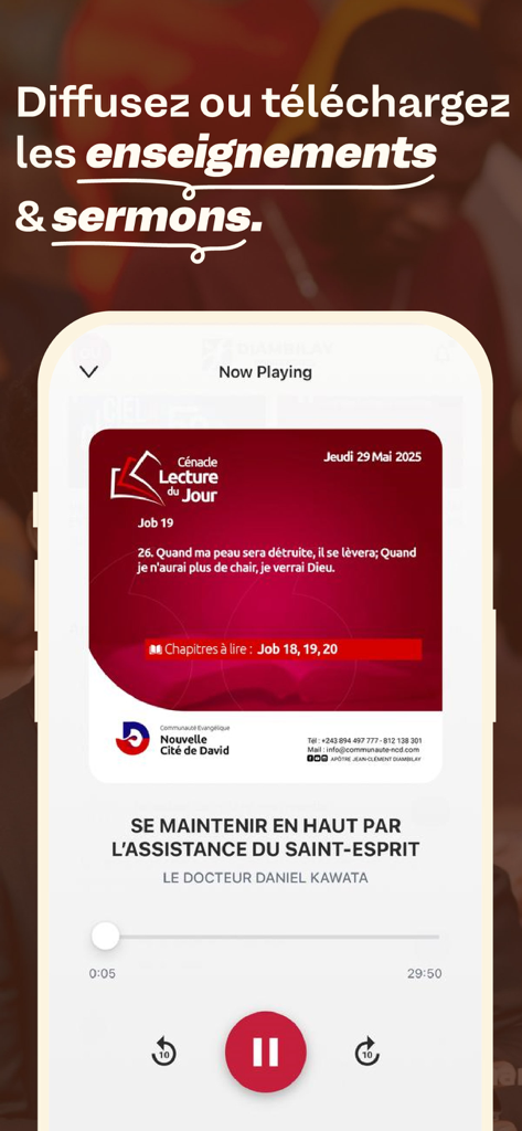 JC Diambilay Ministries - Audio player interface for religious sermons and teachings in the JC Diambilay Ministries app
