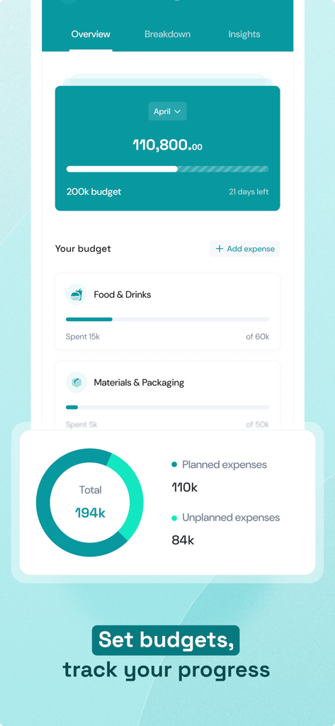 Cantant - Smarter Bookkeeping - Interface do aplicativo móvel Cantant mostrando gráficos de acompanhamento de orçamento e progresso de despesas empresariais
